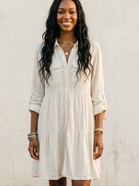Anthropologie styled Velvet Heart Boho Tiered Utility Shirt Dress Cream White xl